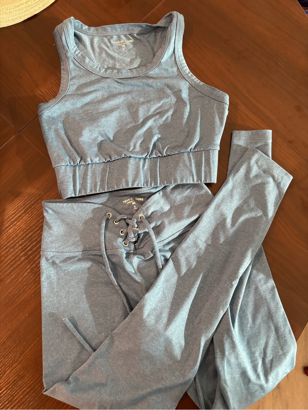 Year of Ours Heather Teal Blue Active Set - Crop Tank & High-Waist Leggings